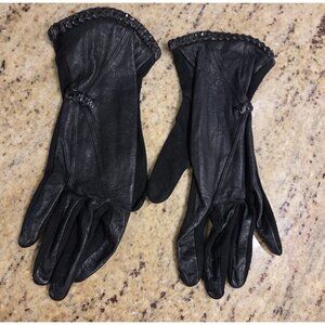 Vintage Womens Size M 7.5 Black Leather Cotton Formal 9" Gloves Braided Unique